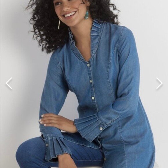 Soft Surroundings Charlize Pleated Tencel Chambray Blue Button Up Tunic Shirt M - Picture 1 of 7